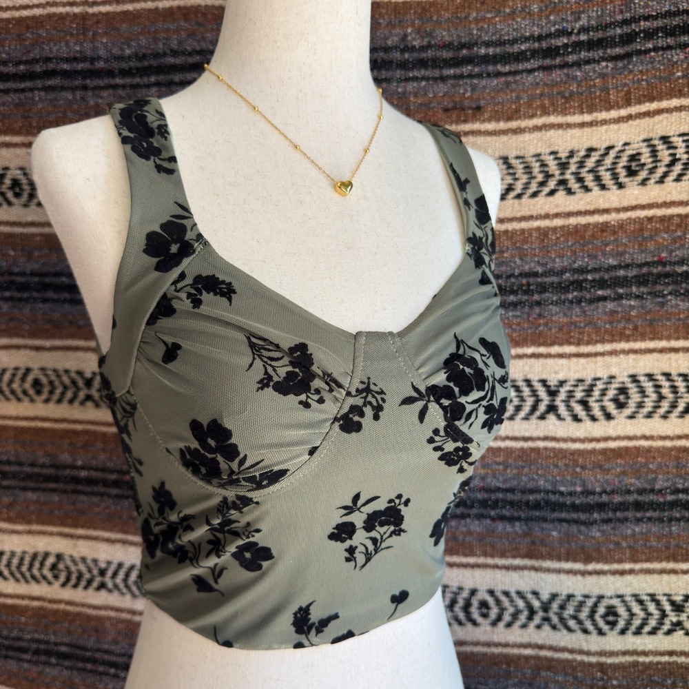 Beverly and Beck Sage Green Floral Flocked Velvet Bustier Mesh Crop Top Small